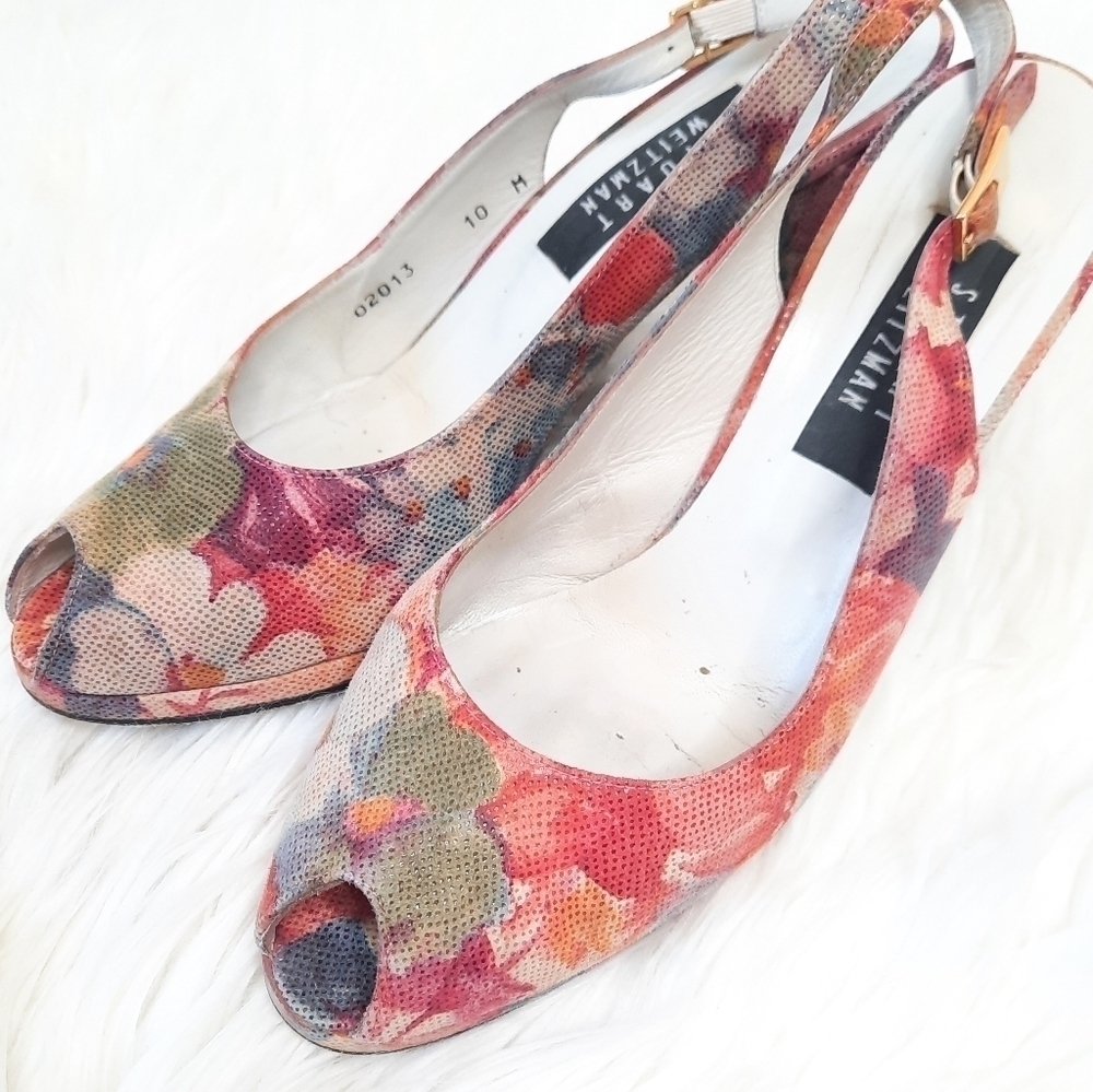 Vintage Stuart Weitzman Floral Sling Back Heels 10 - Picture 11 of 11